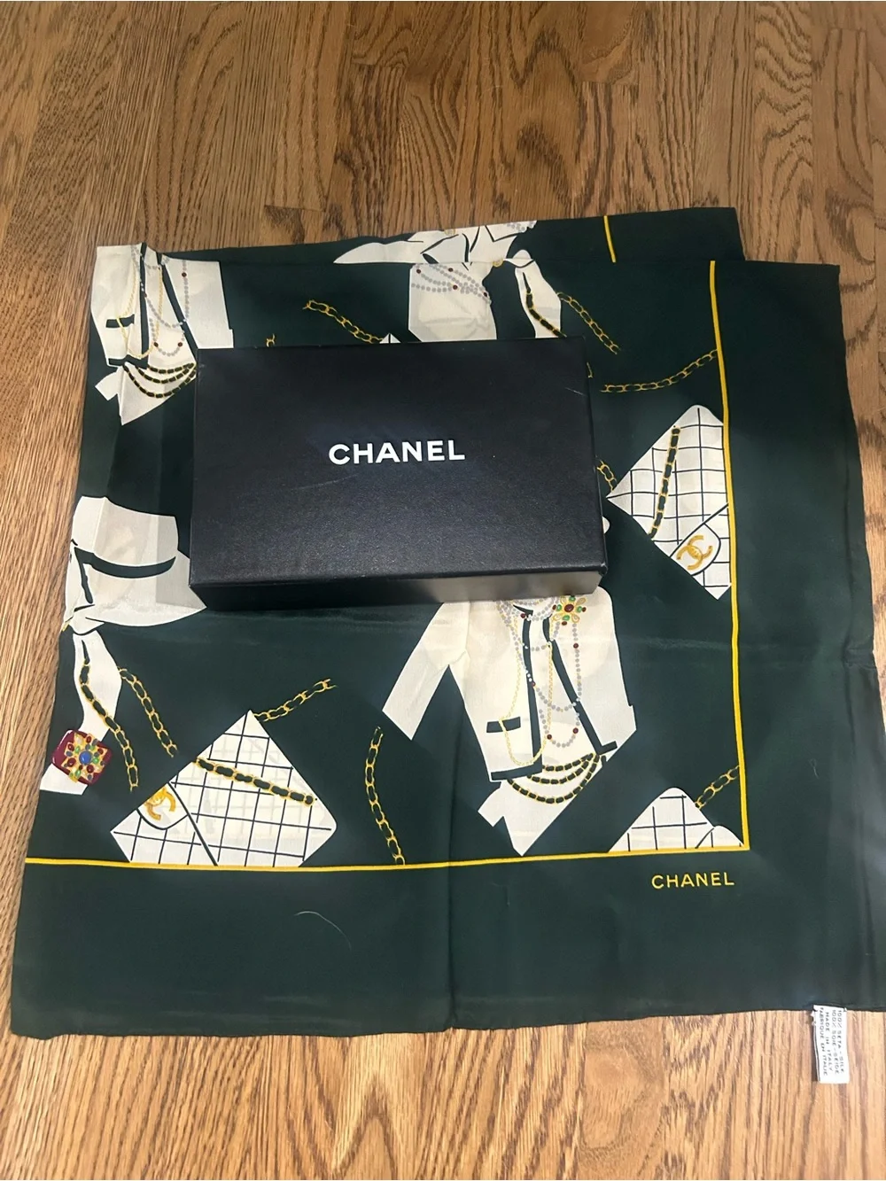 CHANEL Dark Green Silk Scarf with Silhouette of Ladies and Bags